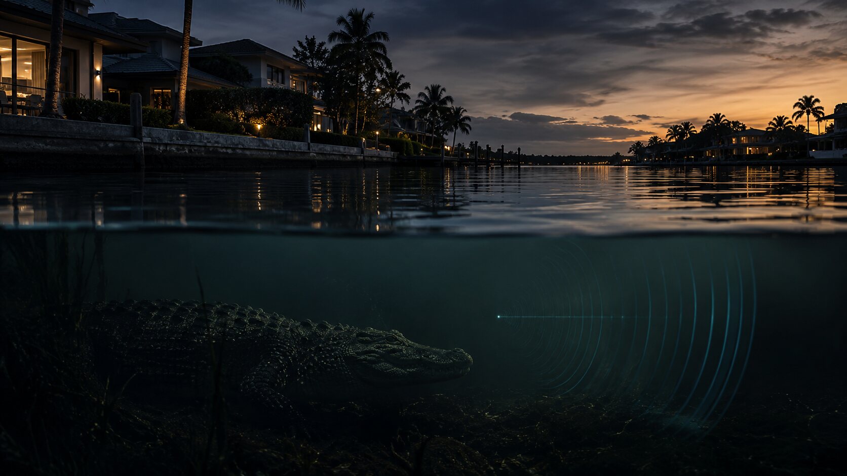 Crocodile beneath a Florida residential canal at dusk, sonar detection visualized