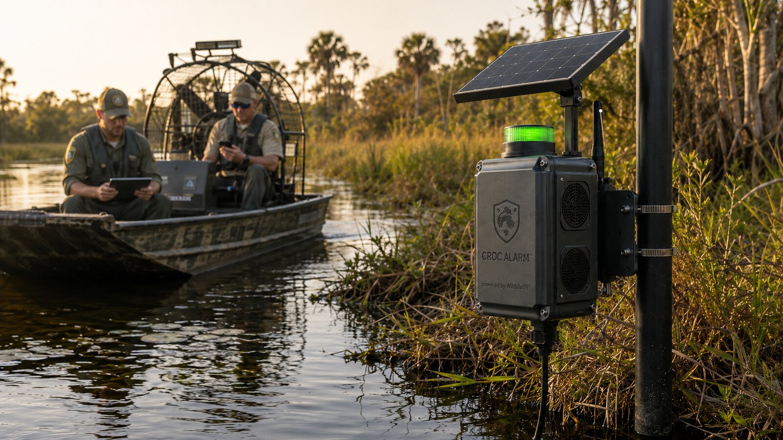 Wildlife officers on an airboat near a CrocAlarm node in a Florida wetland