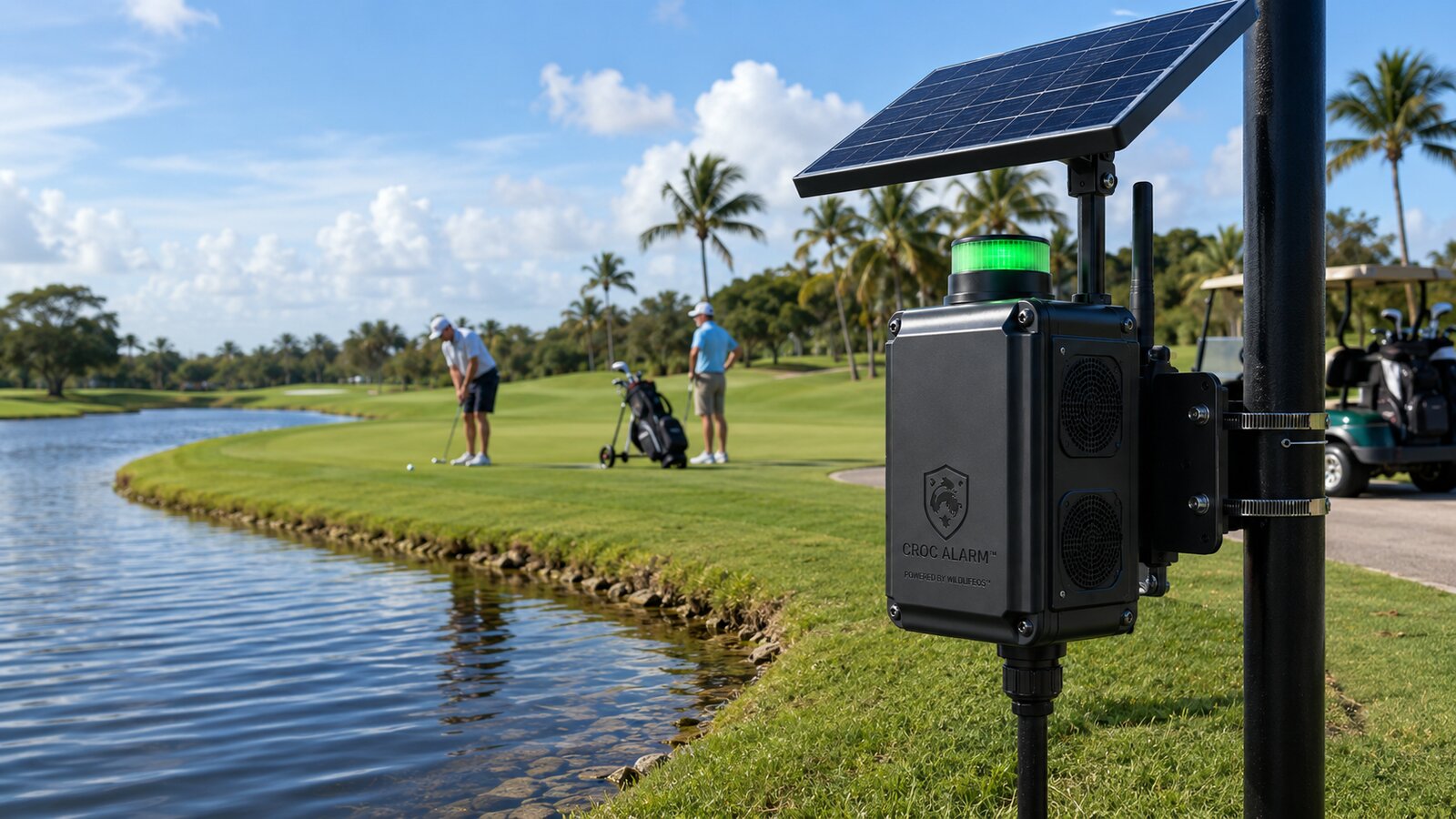 CrocAlarm node mounted beside a golf course water hazard