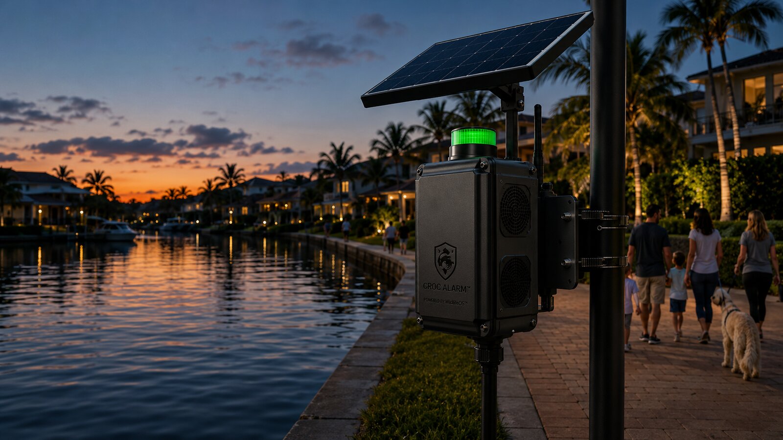 CrocAlarm node mounted along a residential canal walkway