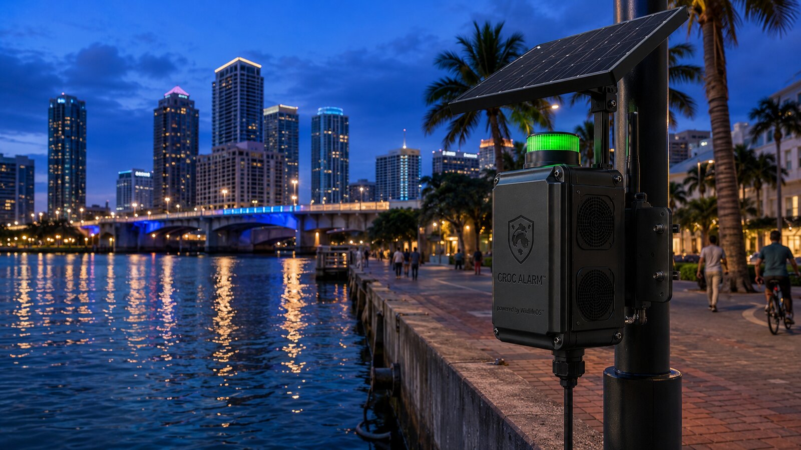 CrocAlarm node mounted along a municipal riverwalk