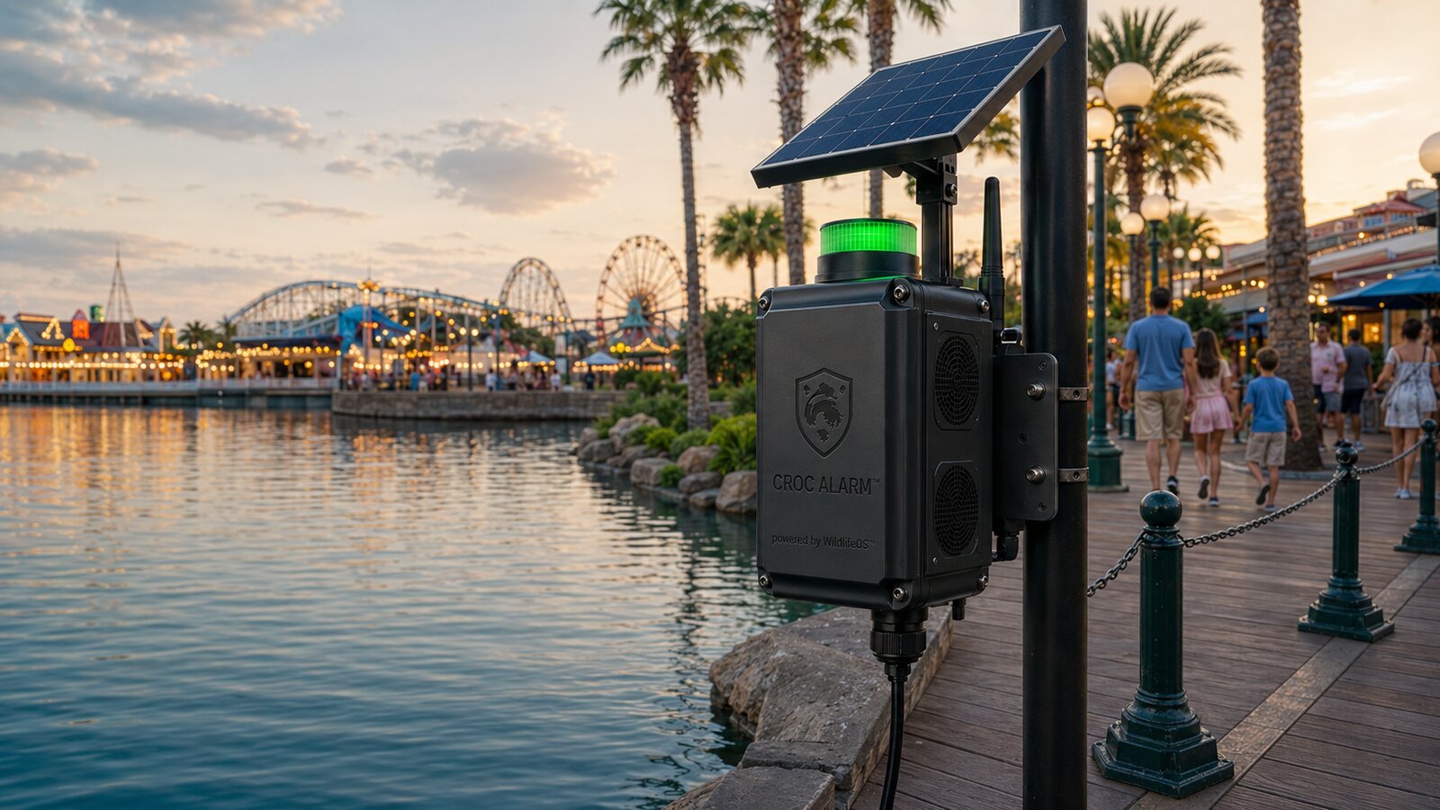 CrocAlarm node mounted along a resort waterfront promenade at dusk